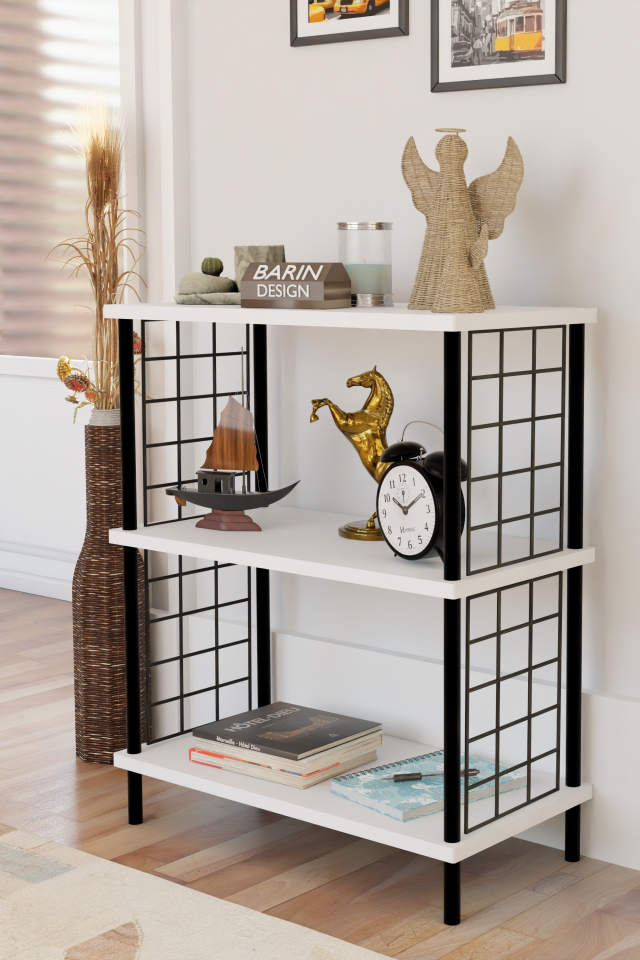 Barın Design 3 Katlı Çevir Kur Dekoratif Salon Rafı Tel Yan Panelli Açık Kitaplık, Biblo ve Aksesuar Düzenleyici Beyaz