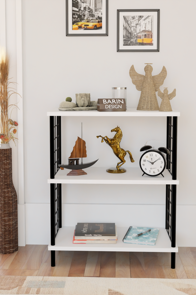 3 Katlı Çevir Kur Dekoratif Salon Rafı Tel Yan Panelli Açık Kitaplık, Biblo ve Aksesuar Düzenleyici Beyaz