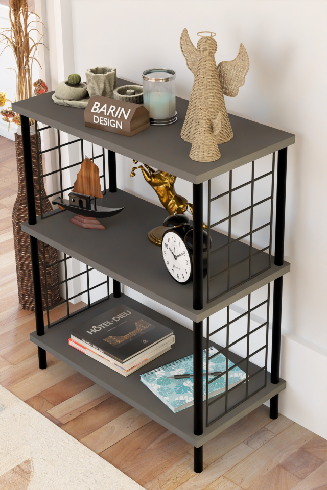 3 Katlı Çevir Kur Dekoratif Salon Rafı Tel Yan Panelli Açık Kitaplık, Biblo ve Aksesuar Düzenleyici Antrasit