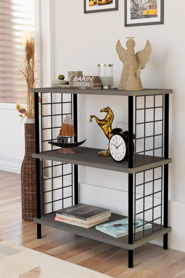 3 Katlı Çevir Kur Dekoratif Salon Rafı Tel Yan Panelli Açık Kitaplık, Biblo ve Aksesuar Düzenleyici Antrasit