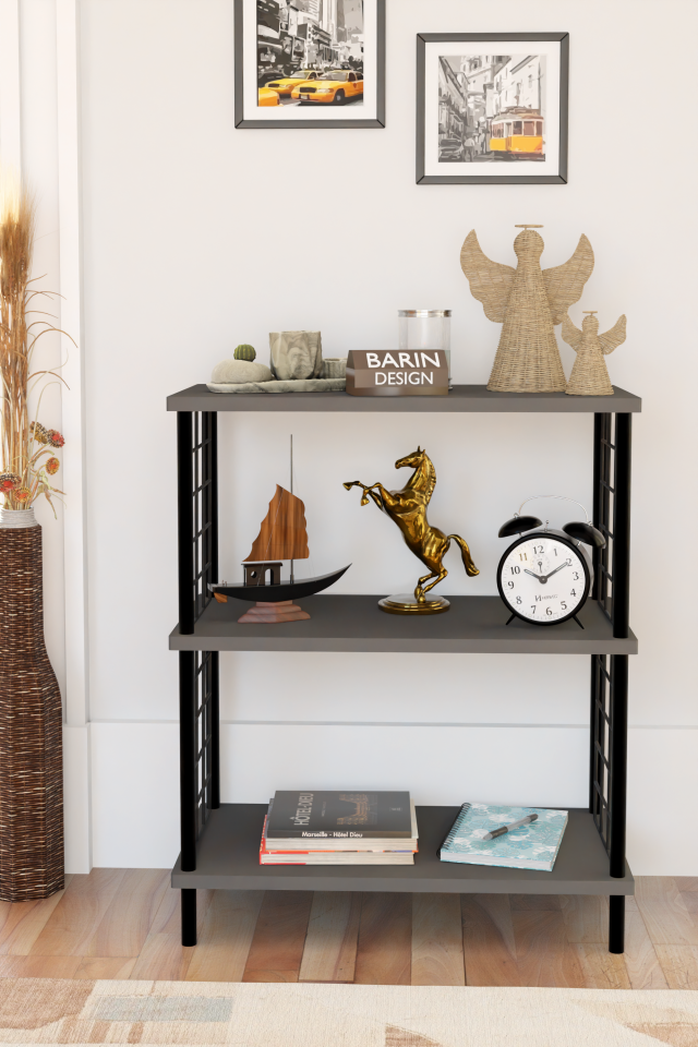 3 Katlı Çevir Kur Dekoratif Salon Rafı Tel Yan Panelli Açık Kitaplık, Biblo ve Aksesuar Düzenleyici Antrasit