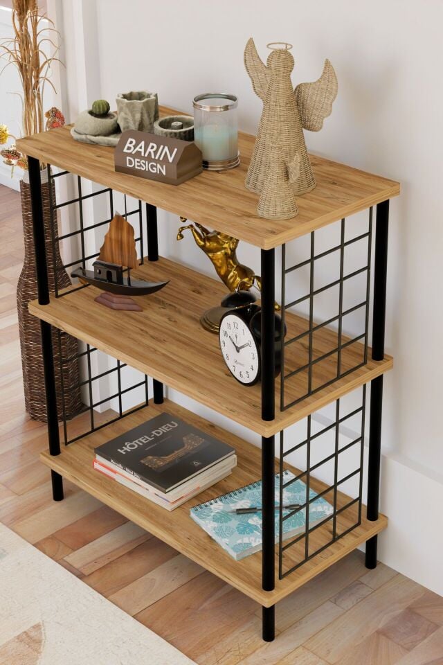 3 Katlı Çevir Kur Dekoratif Salon Rafı Tel Yan Panelli Açık Kitaplık, Biblo ve Aksesuar Düzenleyici Atlantik Çam