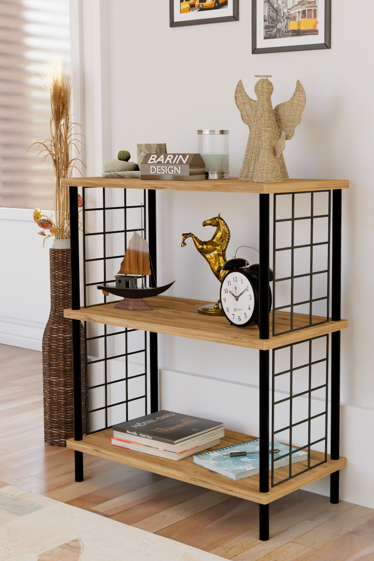 3 Katlı Çevir Kur Dekoratif Salon Rafı Tel Yan Panelli Açık Kitaplık, Biblo ve Aksesuar Düzenleyici Atlantik Çam