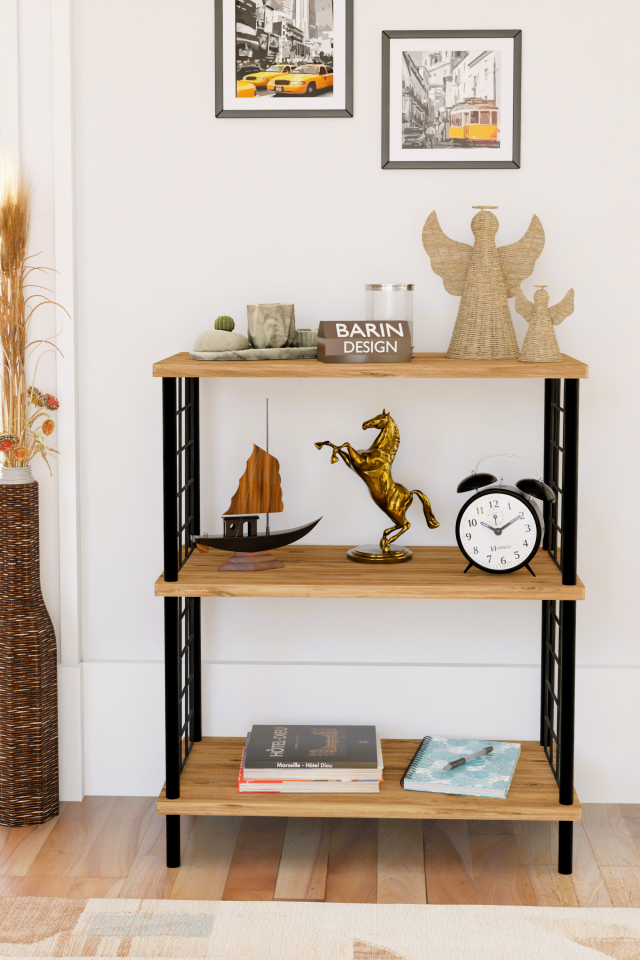 3 Katlı Çevir Kur Dekoratif Salon Rafı Tel Yan Panelli Açık Kitaplık, Biblo ve Aksesuar Düzenleyici Atlantik Çam