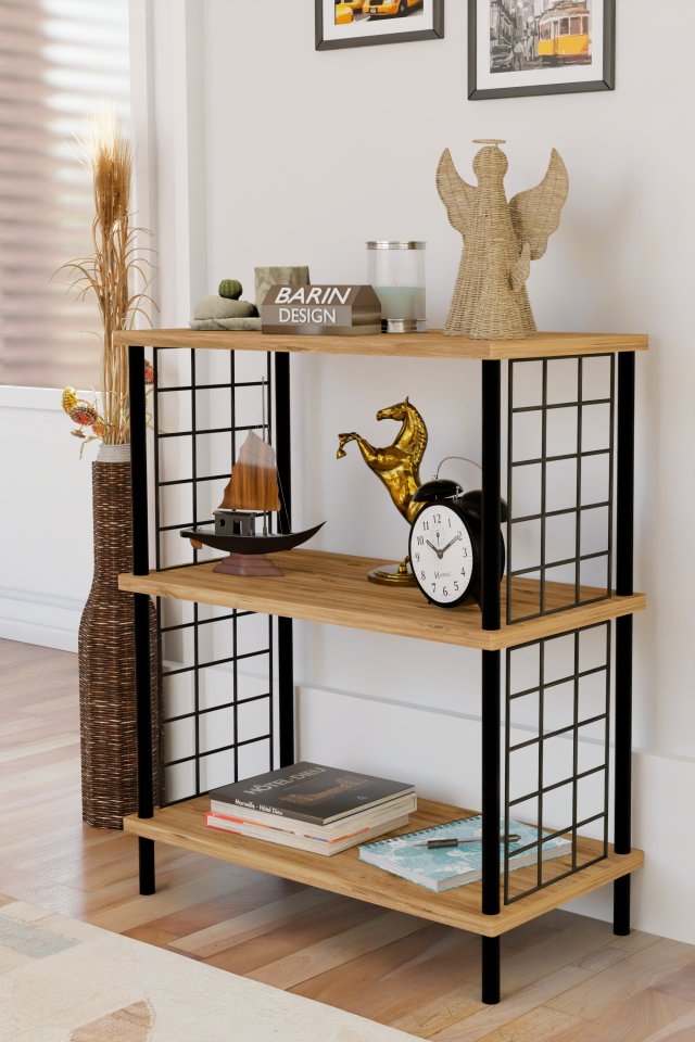 3 Katlı Çevir Kur Dekoratif Salon Rafı Tel Yan Panelli Açık Kitaplık, Biblo ve Aksesuar Düzenleyici Atlantik Çam