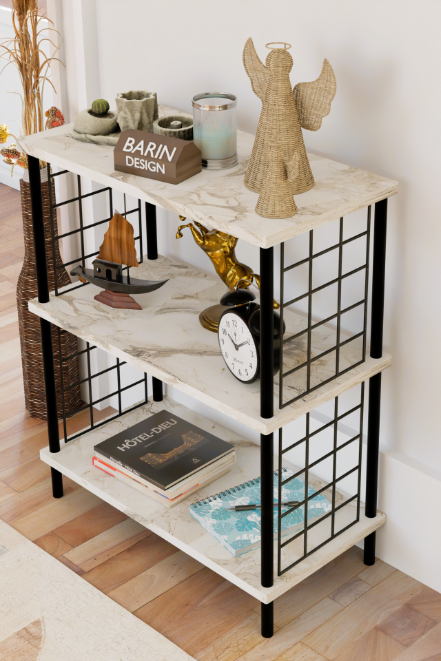 3 Katlı Çevir Kur Dekoratif Salon Rafı Tel Yan Panelli Açık Kitaplık, Biblo ve Aksesuar Düzenleyici Beyaz Mermer