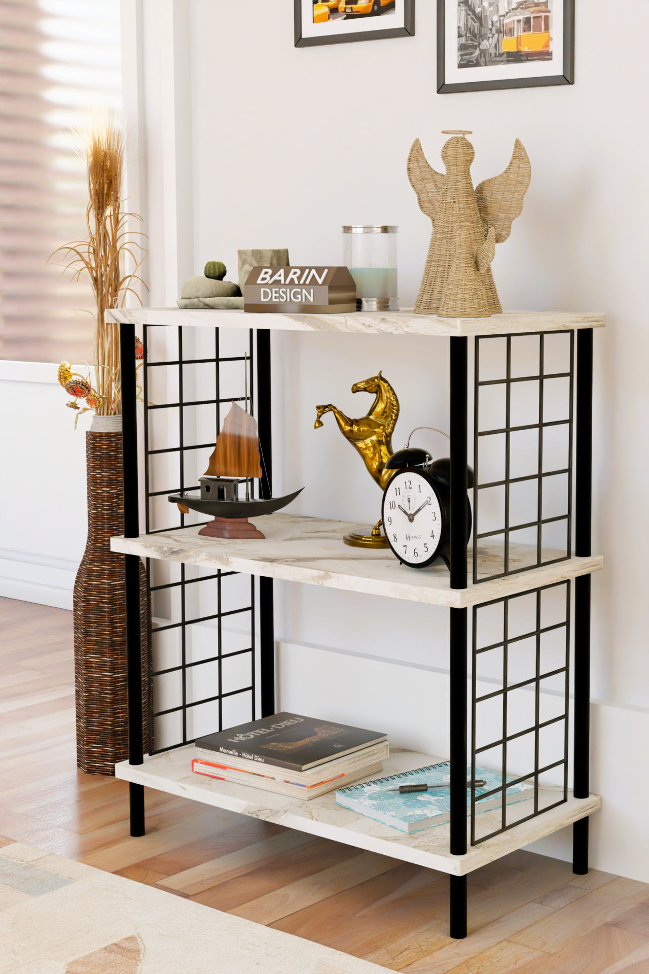 3 Katlı Çevir Kur Dekoratif Salon Rafı Tel Yan Panelli Açık Kitaplık, Biblo ve Aksesuar Düzenleyici Beyaz Mermer