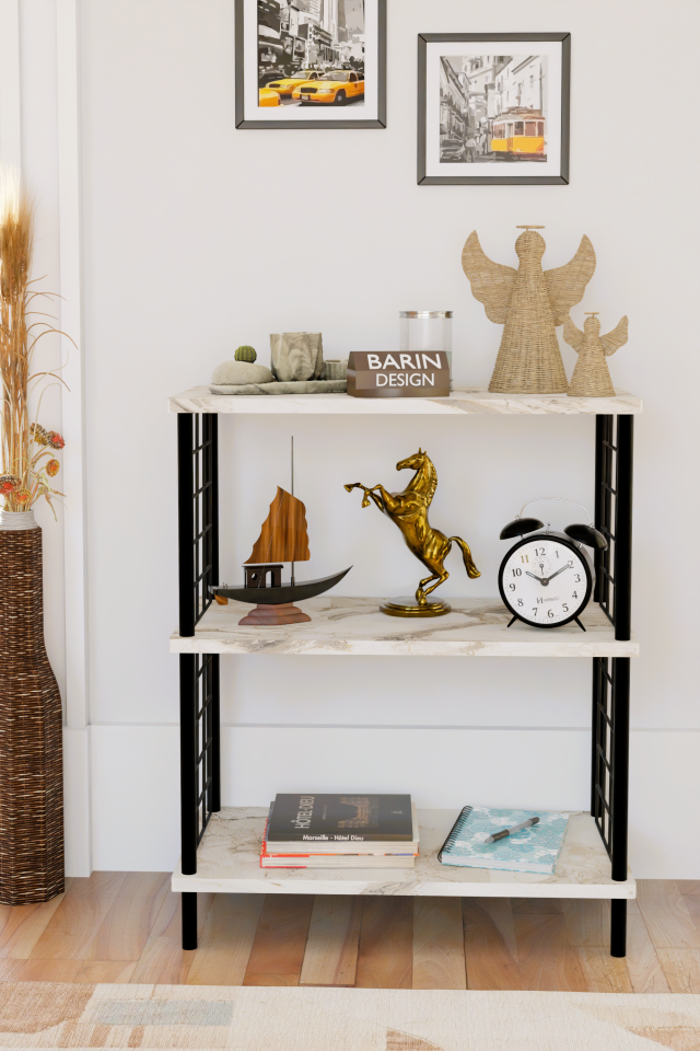 3 Katlı Çevir Kur Dekoratif Salon Rafı Tel Yan Panelli Açık Kitaplık, Biblo ve Aksesuar Düzenleyici Beyaz Mermer