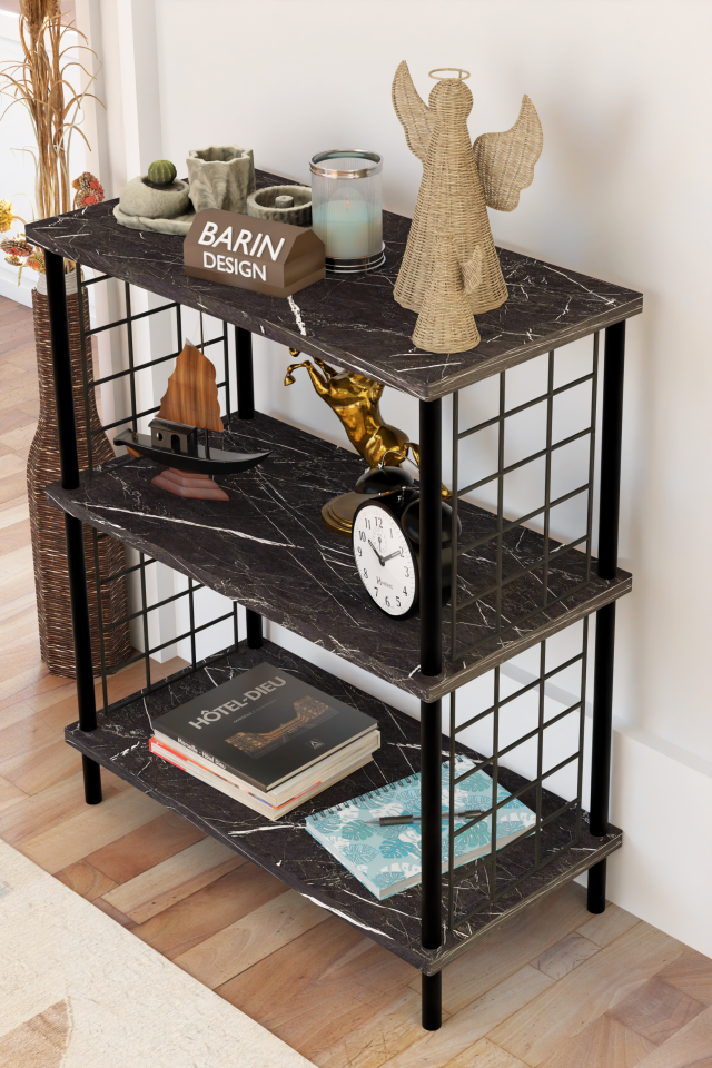 Barın Design 3 Katlı Çevir Kur Dekoratif Salon Rafı Tel Yan Panelli Açık Kitaplık, Biblo ve Aksesuar Düzenleyici Siyah Mermer