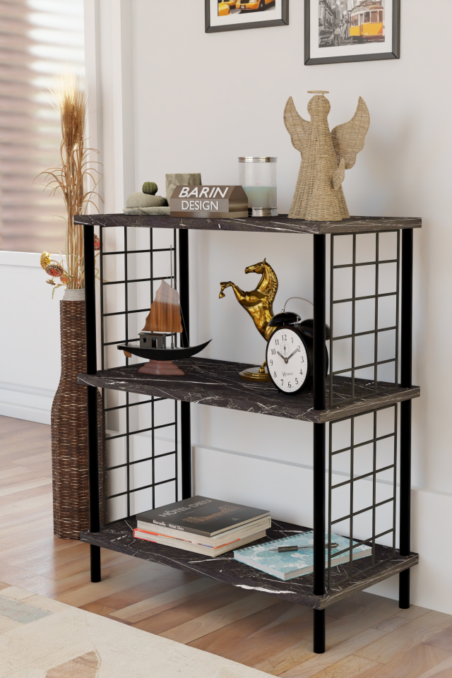 3 Katlı Çevir Kur Dekoratif Salon Rafı Tel Yan Panelli Açık Kitaplık, Biblo ve Aksesuar Düzenleyici Siyah Mermer