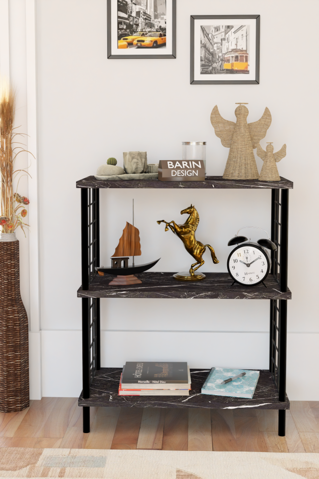 3 Katlı Çevir Kur Dekoratif Salon Rafı Tel Yan Panelli Açık Kitaplık, Biblo ve Aksesuar Düzenleyici Siyah Mermer