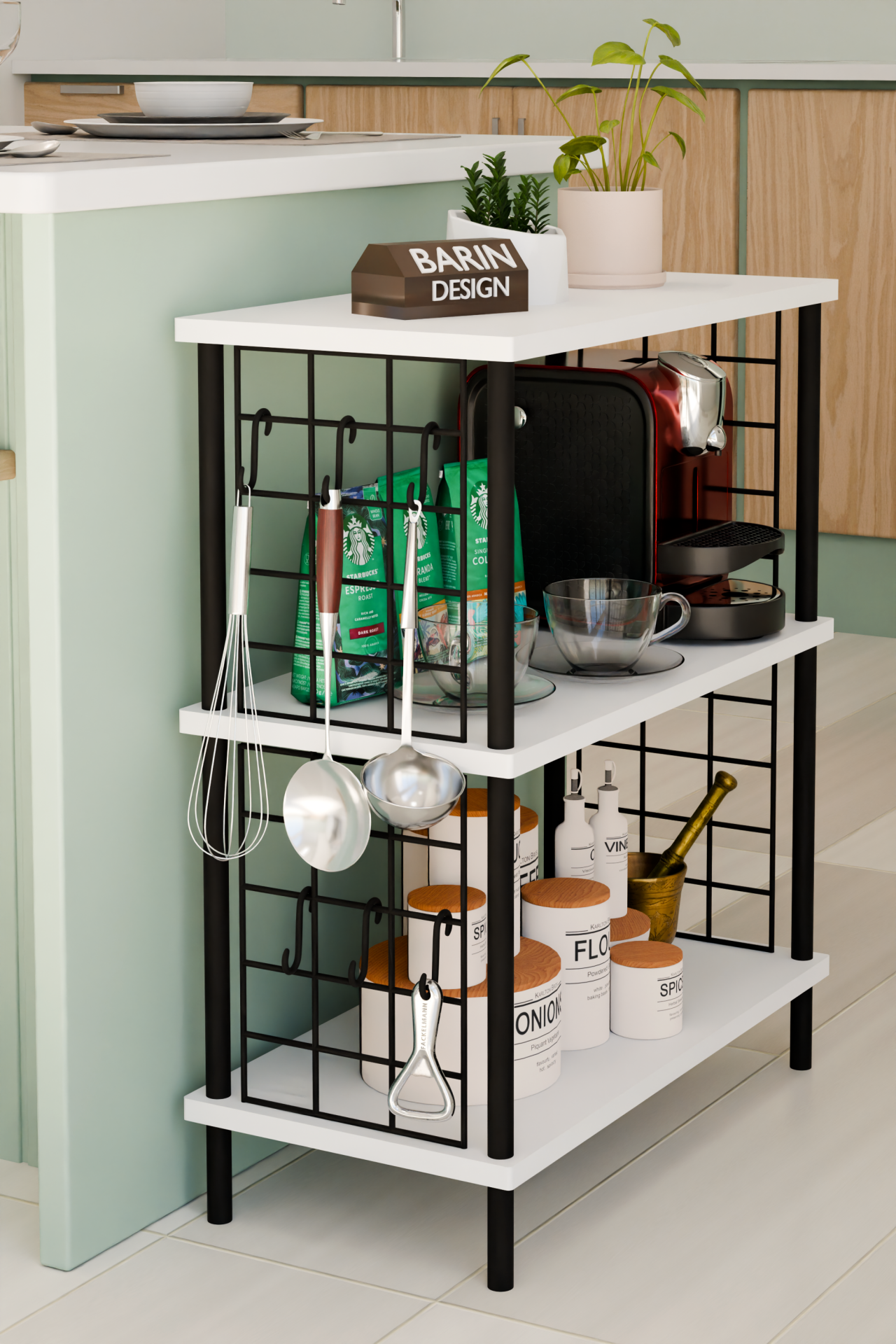 3 Raflı Telli Çevir-Kur Çok Amaçlı Raf Ünitesi | Metal Gövde Mutfak Düzenleyici | Pratik Organizer Beyaz