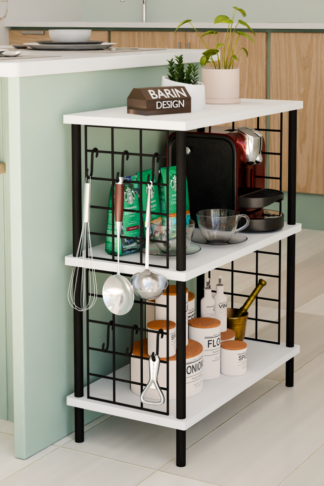 3 Raflı Telli Çevir-Kur Çok Amaçlı Raf Ünitesi | Metal Gövde Mutfak Düzenleyici | Pratik Organizer Beyaz