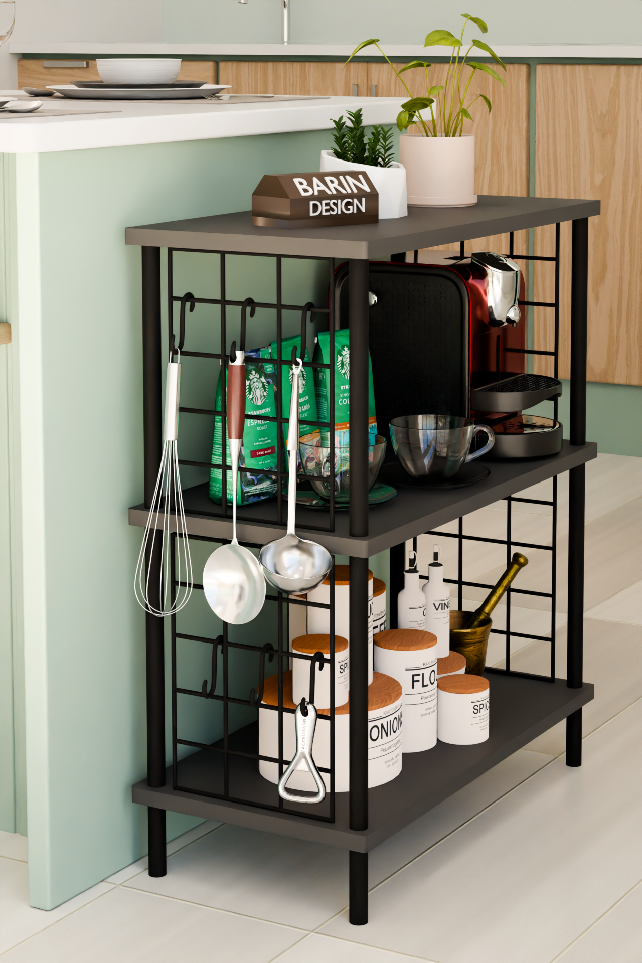 3 Raflı Telli Çevir-Kur Çok Amaçlı Raf Ünitesi | Metal Gövde Mutfak Düzenleyici | Pratik Organizer Antrasit