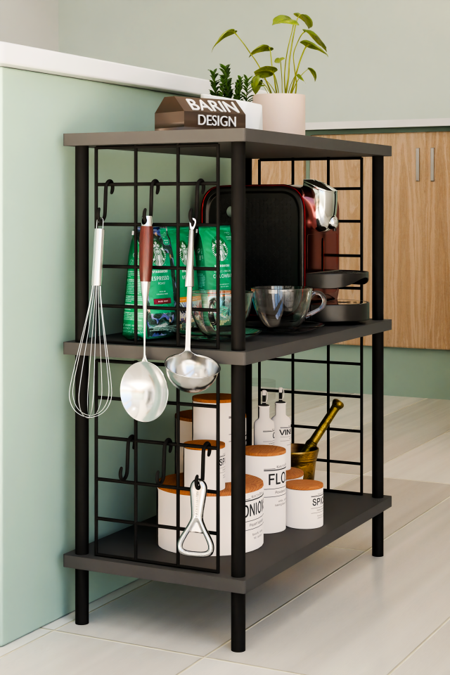 3 Raflı Telli Çevir-Kur Çok Amaçlı Raf Ünitesi | Metal Gövde Mutfak Düzenleyici | Pratik Organizer Antrasit