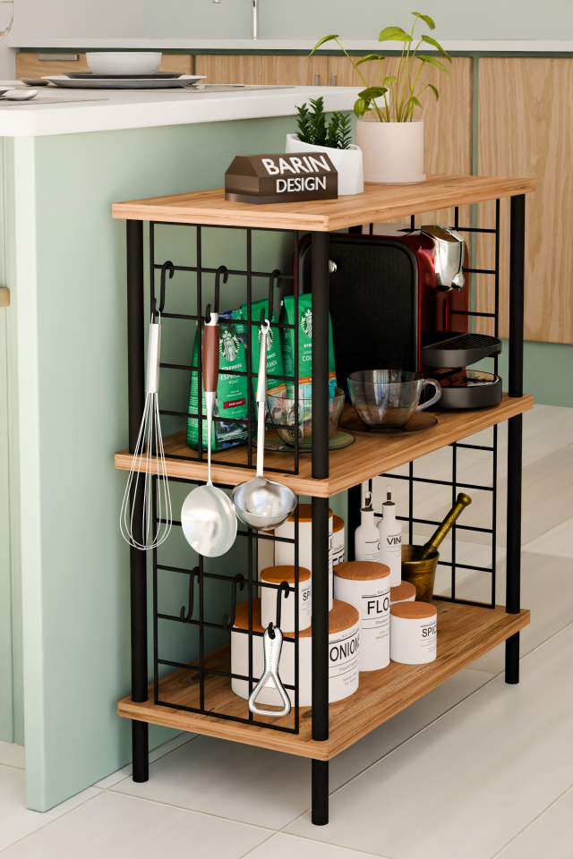 3 Raflı Telli Çevir-Kur Çok Amaçlı Raf Ünitesi | Metal Gövde Mutfak Düzenleyici | Pratik Organizer Atlantik Çam