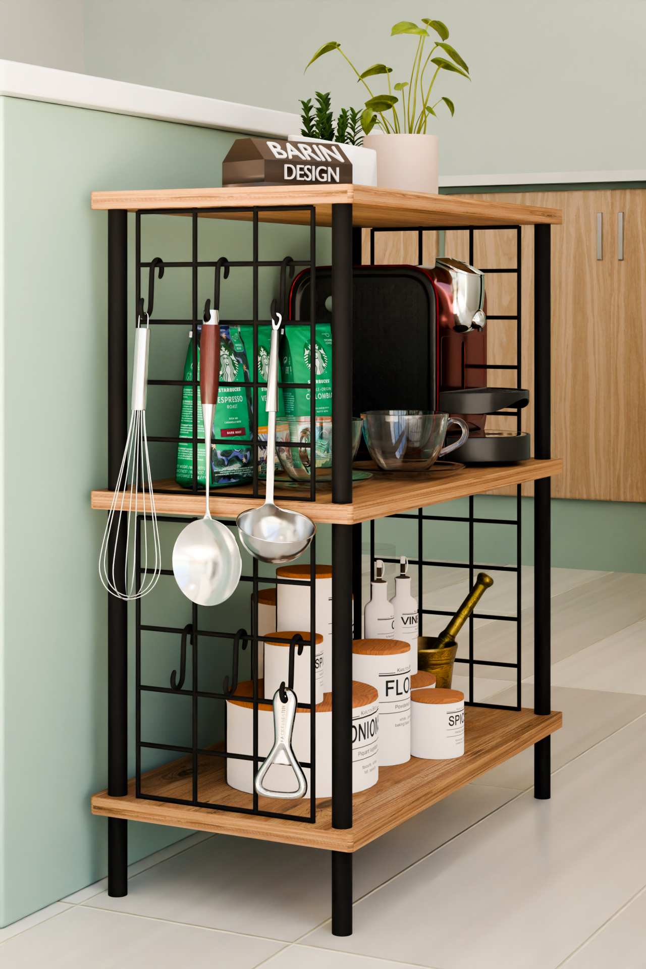 Barın Design 3 Raflı Telli Çevir-Kur Çok Amaçlı Raf Ünitesi | Metal Gövde Mutfak Düzenleyici | Pratik Organizer Atlantik Çam