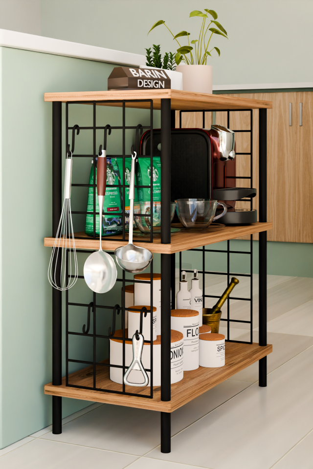 Barın Design 3 Raflı Telli Çevir-Kur Çok Amaçlı Raf Ünitesi | Metal Gövde Mutfak Düzenleyici | Pratik Organizer Atlantik Çam