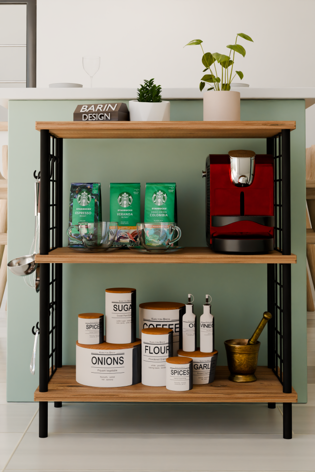 3 Raflı Telli Çevir-Kur Çok Amaçlı Raf Ünitesi | Metal Gövde Mutfak Düzenleyici | Pratik Organizer Atlantik Çam