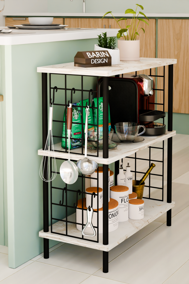 3 Raflı Telli Çevir-Kur Çok Amaçlı Raf Ünitesi | Metal Gövde Mutfak Düzenleyici | Pratik Organizer Beyaz Mermer