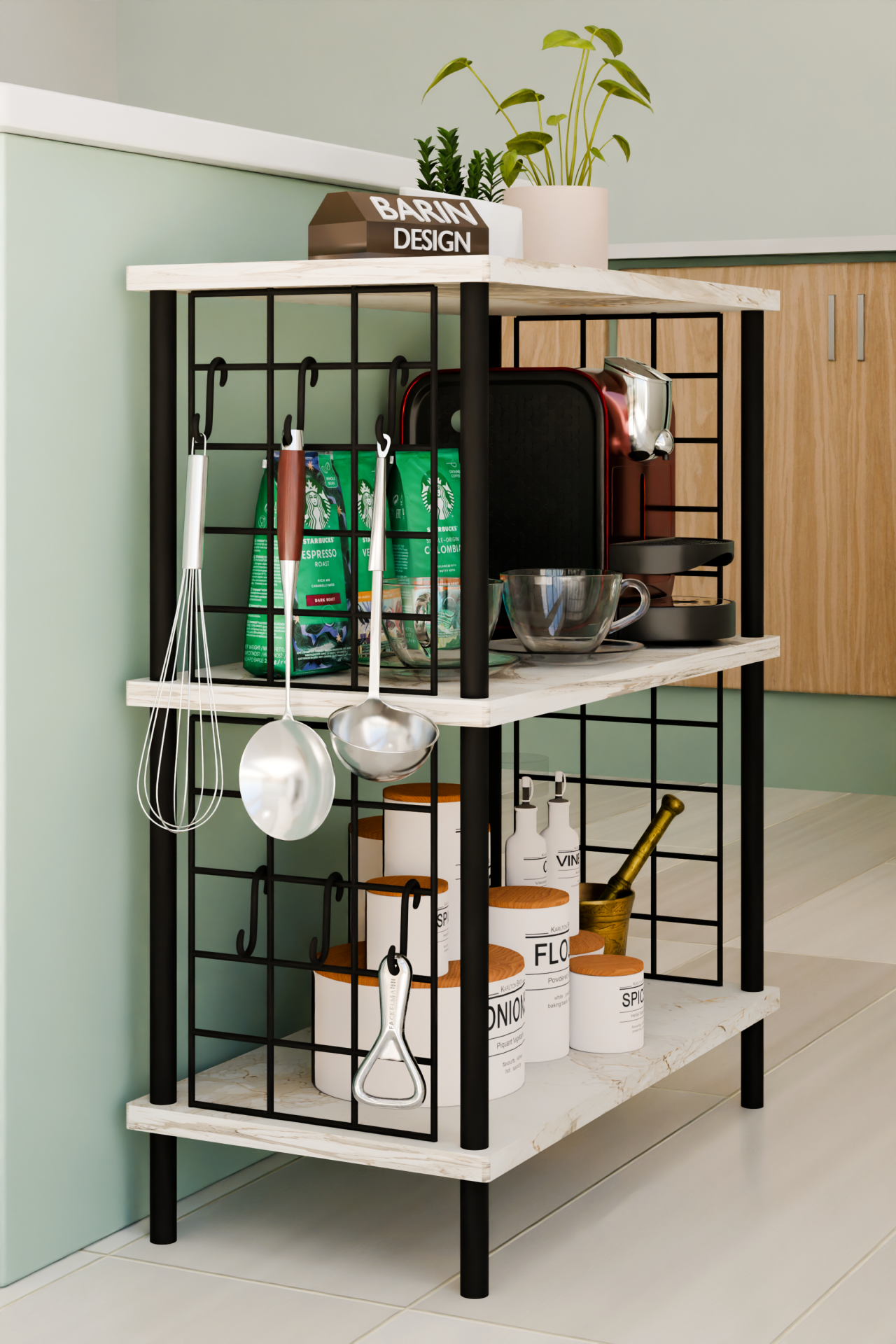 3 Raflı Telli Çevir-Kur Çok Amaçlı Raf Ünitesi | Metal Gövde Mutfak Düzenleyici | Pratik Organizer Beyaz Mermer