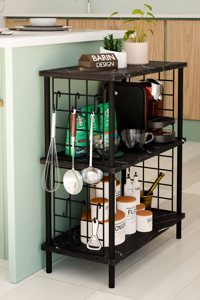3 Raflı Telli Çevir-Kur Çok Amaçlı Raf Ünitesi | Metal Gövde Mutfak Düzenleyici | Pratik Organizer Siyah Mermer