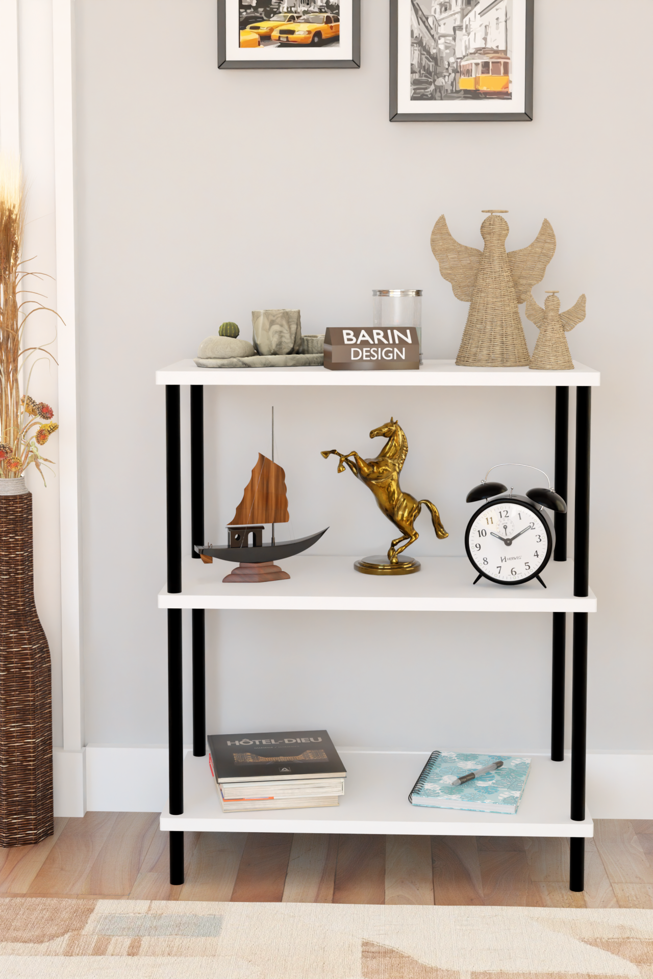 3 Raflı Çevir Kur Dekoratif Salon Rafı – Açık Raflı Kitaplık ve Aksesuar Düzenleyici, Pratik Kurulum Beyaz