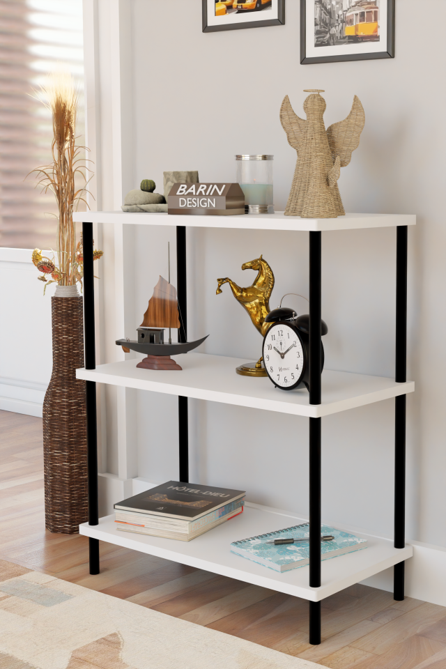 3 Raflı Çevir Kur Dekoratif Salon Rafı – Açık Raflı Kitaplık ve Aksesuar Düzenleyici, Pratik Kurulum Beyaz