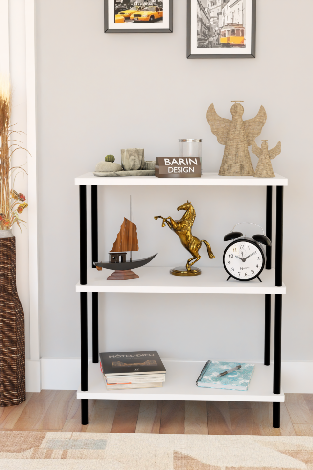 3 Raflı Çevir Kur Dekoratif Salon Rafı – Açık Raflı Kitaplık ve Aksesuar Düzenleyici, Pratik Kurulum Beyaz