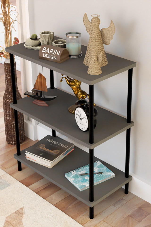 3 Raflı Çevir Kur Dekoratif Salon Rafı – Açık Raflı Kitaplık ve Aksesuar Düzenleyici, Pratik Kurulum Antrasit