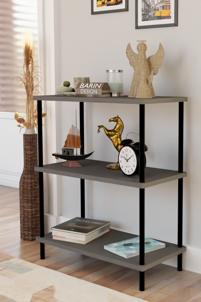 3 Raflı Çevir Kur Dekoratif Salon Rafı – Açık Raflı Kitaplık ve Aksesuar Düzenleyici, Pratik Kurulum Antrasit