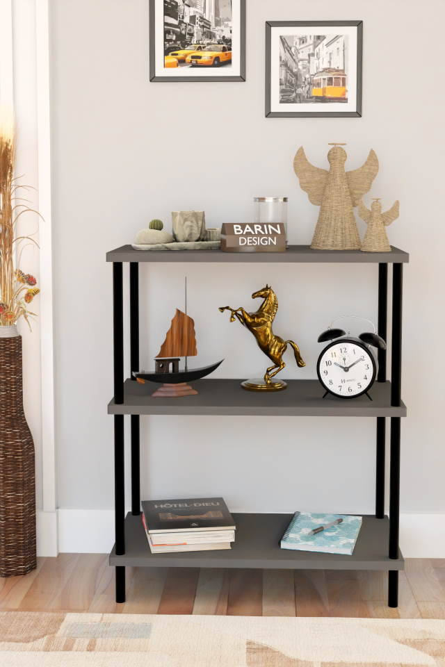 3 Raflı Çevir Kur Dekoratif Salon Rafı – Açık Raflı Kitaplık ve Aksesuar Düzenleyici, Pratik Kurulum Antrasit