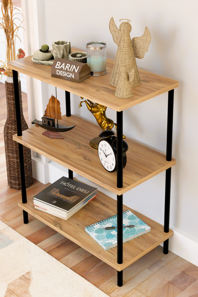 3 Raflı Çevir Kur Dekoratif Salon Rafı – Açık Raflı Kitaplık ve Aksesuar Düzenleyici, Pratik Kurulum Atlantik Çam