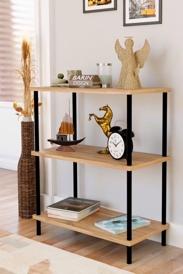 3 Raflı Çevir Kur Dekoratif Salon Rafı – Açık Raflı Kitaplık ve Aksesuar Düzenleyici, Pratik Kurulum Atlantik Çam