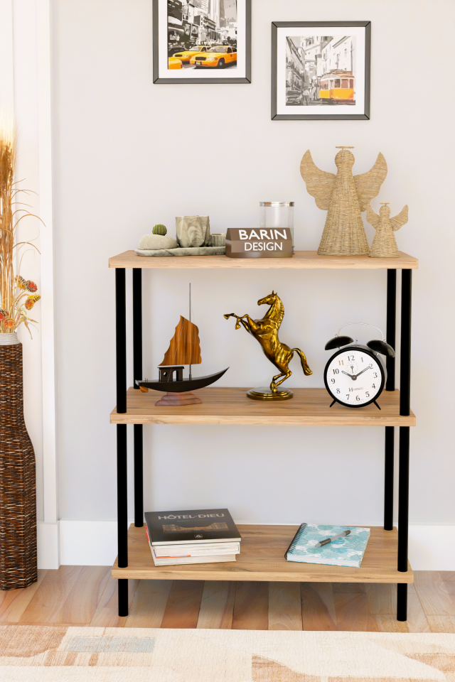 3 Raflı Çevir Kur Dekoratif Salon Rafı – Açık Raflı Kitaplık ve Aksesuar Düzenleyici, Pratik Kurulum Atlantik Çam