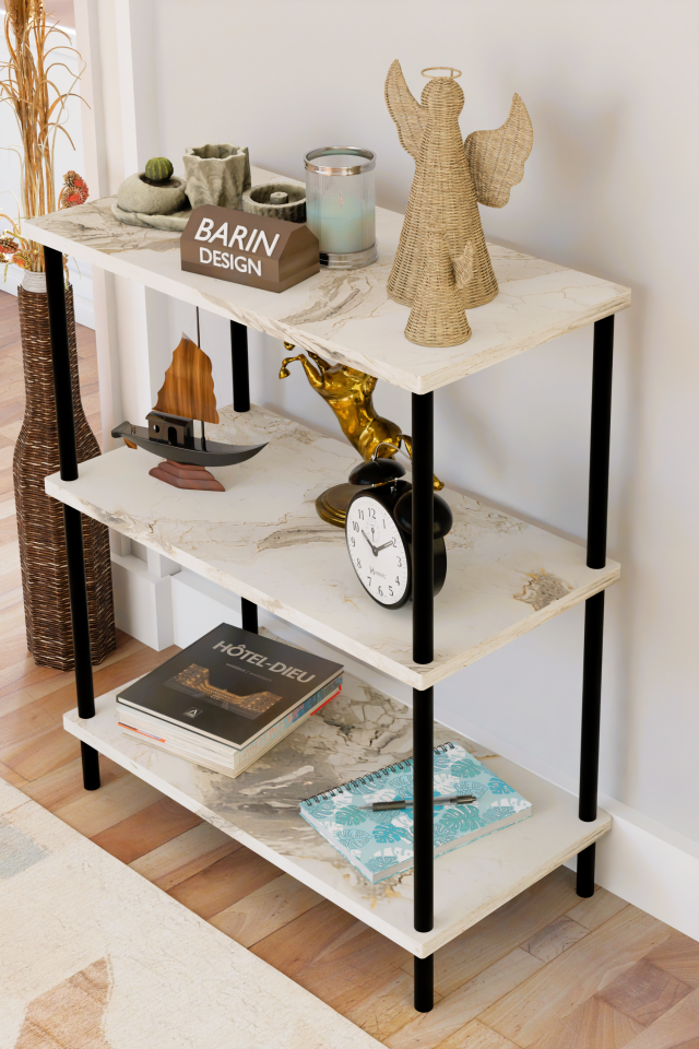 3 Raflı Çevir Kur Dekoratif Salon Rafı – Açık Raflı Kitaplık ve Aksesuar Düzenleyici, Pratik Kurulum Beyaz Mermer