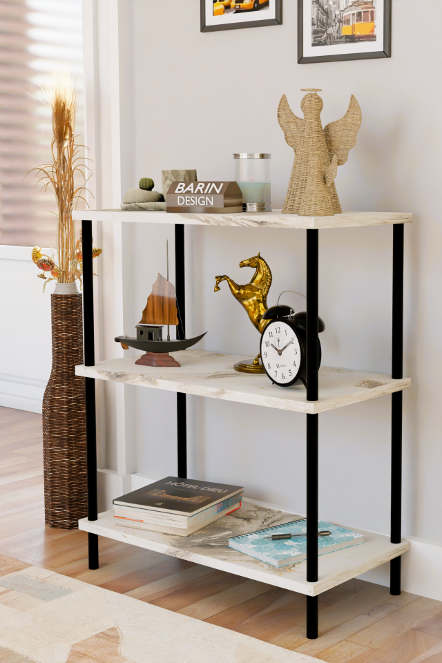 3 Raflı Çevir Kur Dekoratif Salon Rafı – Açık Raflı Kitaplık ve Aksesuar Düzenleyici, Pratik Kurulum Beyaz Mermer