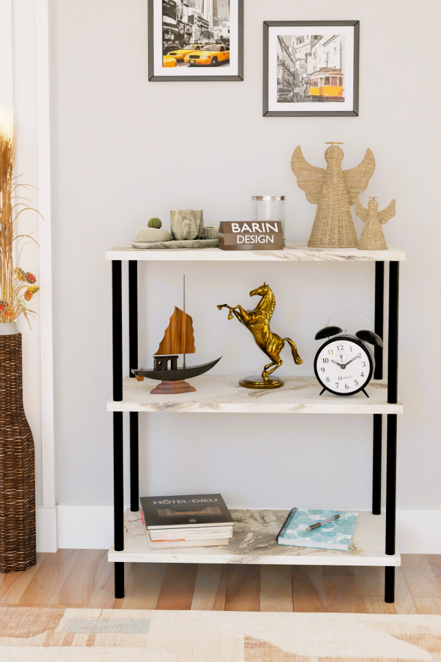 3 Raflı Çevir Kur Dekoratif Salon Rafı – Açık Raflı Kitaplık ve Aksesuar Düzenleyici, Pratik Kurulum Beyaz Mermer