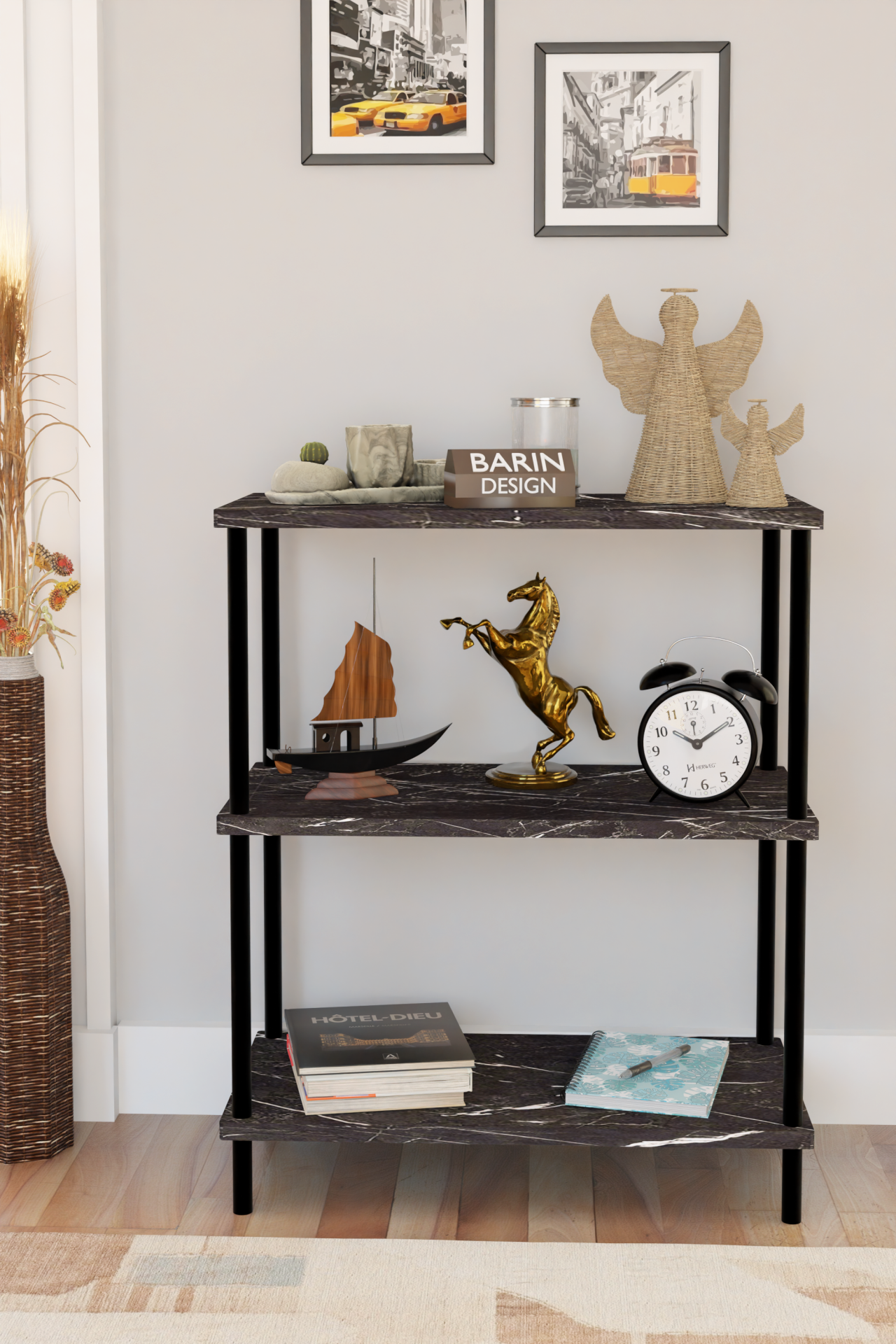 3 Raflı Çevir Kur Dekoratif Salon Rafı – Açık Raflı Kitaplık ve Aksesuar Düzenleyici, Pratik Kurulum Siyah Mermer