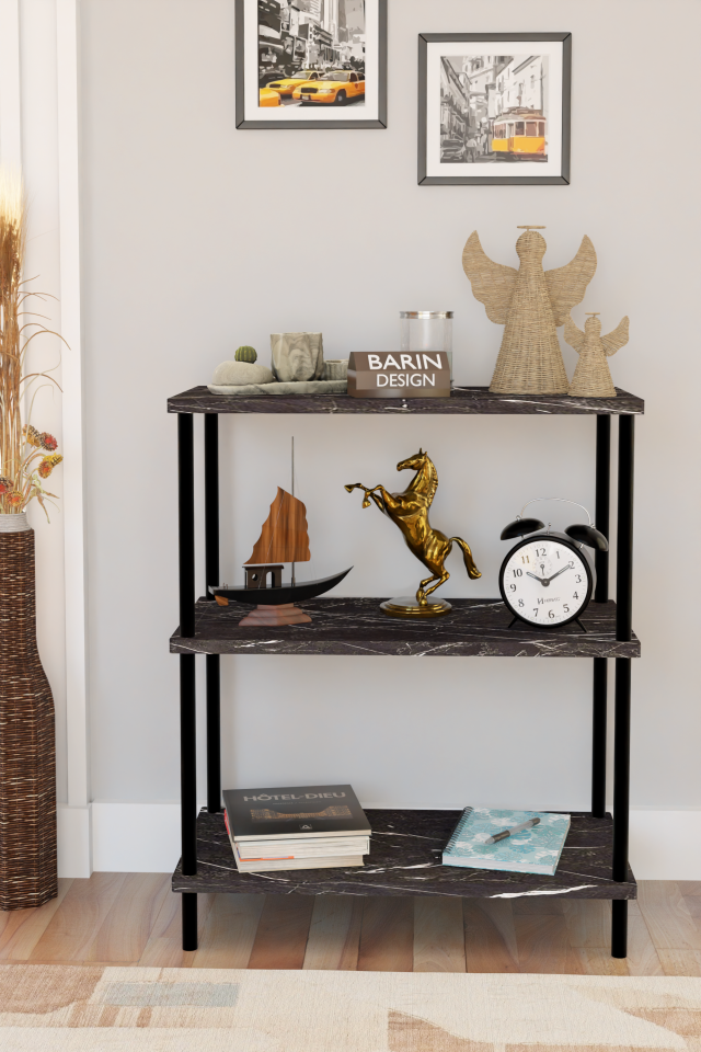 3 Raflı Çevir Kur Dekoratif Salon Rafı – Açık Raflı Kitaplık ve Aksesuar Düzenleyici, Pratik Kurulum Siyah Mermer