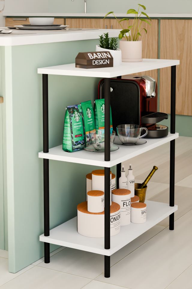 3Raflı Çevir-Kur Çok Amaçlı Raf Ünitesi Mutfak Ofis Düzenleyici Kolay Kurulum Portatif Organizer Raf Beyaz