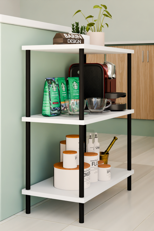 3Raflı Çevir-Kur Çok Amaçlı Raf Ünitesi Mutfak Ofis Düzenleyici Kolay Kurulum Portatif Organizer Raf Beyaz