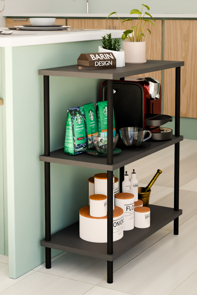 3Raflı Çevir-Kur Çok Amaçlı Raf Ünitesi Mutfak Ofis Düzenleyici Kolay Kurulum Portatif Organizer Raf Antrasit