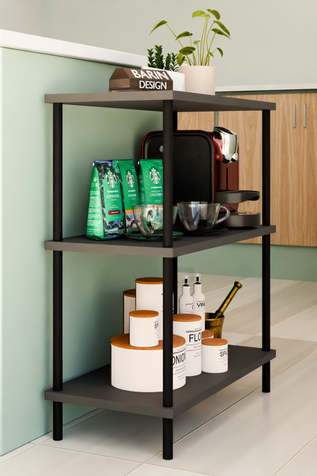 3Raflı Çevir-Kur Çok Amaçlı Raf Ünitesi Mutfak Ofis Düzenleyici Kolay Kurulum Portatif Organizer Raf Antrasit