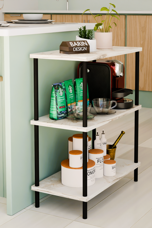 3Raflı Çevir-Kur Çok Amaçlı Raf Ünitesi Mutfak Ofis Düzenleyici Kolay Kurulum Portatif Organizer Raf Beyaz Mermer