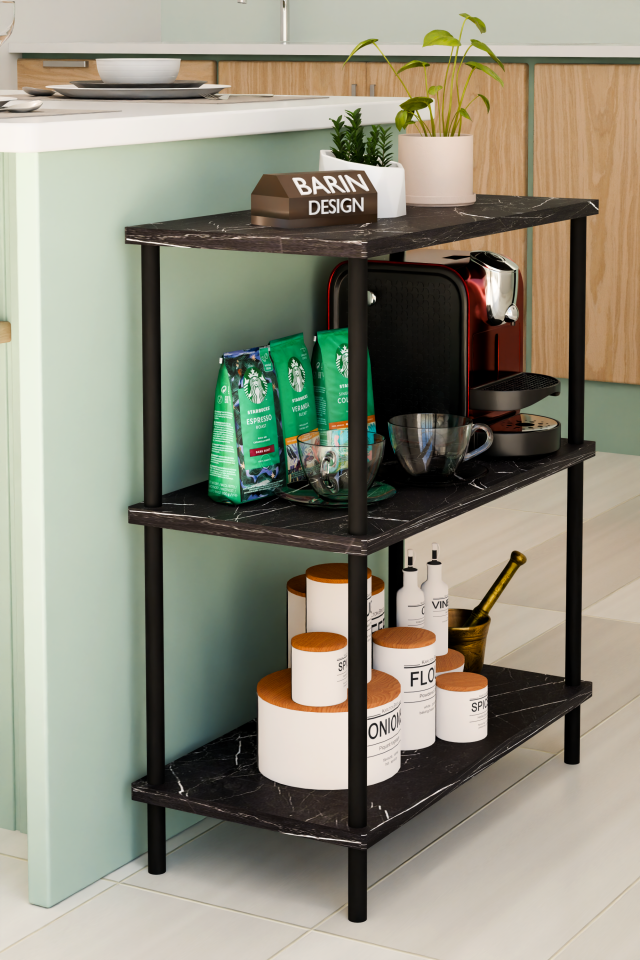 3Raflı Çevir-Kur Çok Amaçlı Raf Ünitesi Mutfak Ofis Düzenleyici Kolay Kurulum Portatif Organizer Raf Siyah Mermer