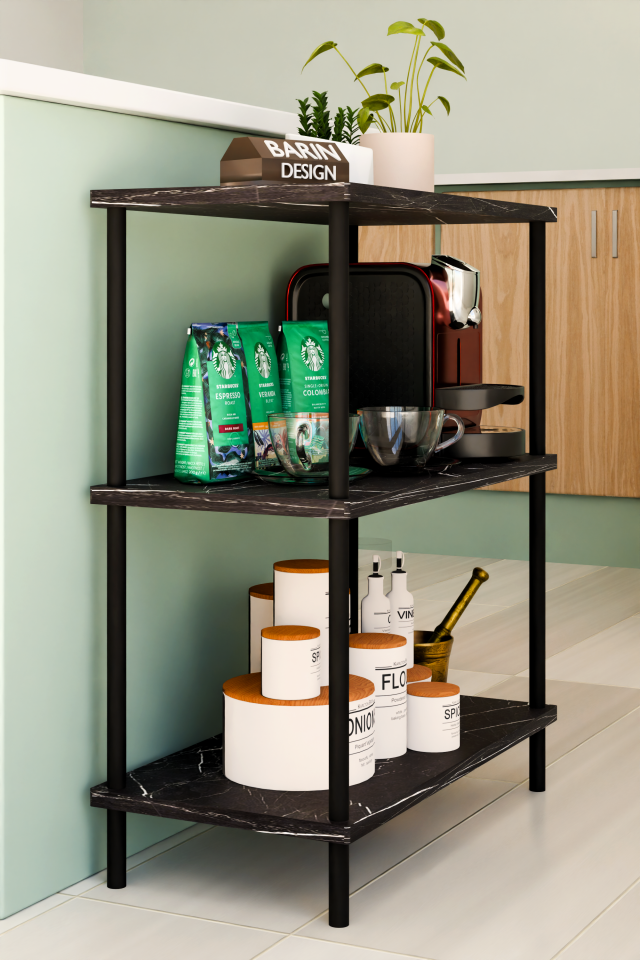 3Raflı Çevir-Kur Çok Amaçlı Raf Ünitesi Mutfak Ofis Düzenleyici Kolay Kurulum Portatif Organizer Raf Siyah Mermer