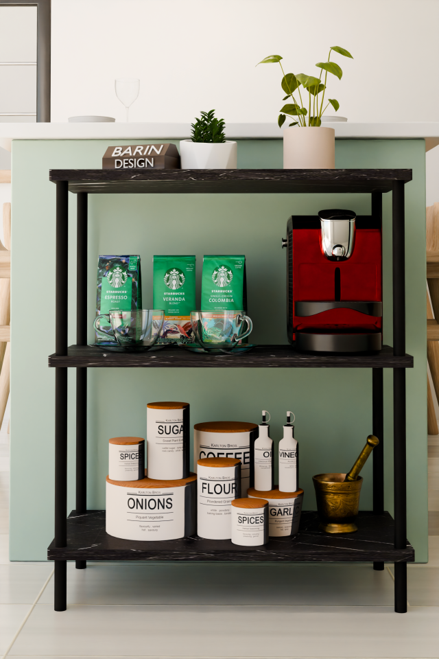 3Raflı Çevir-Kur Çok Amaçlı Raf Ünitesi Mutfak Ofis Düzenleyici Kolay Kurulum Portatif Organizer Raf Siyah Mermer