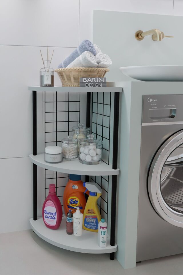 3 Raflı Köşe Raf Banyo ve Çamaşır Odası Çok Amaçlı Düzenleyici Metal Gövde Çevir Kur Kolay Kurulum Beyaz