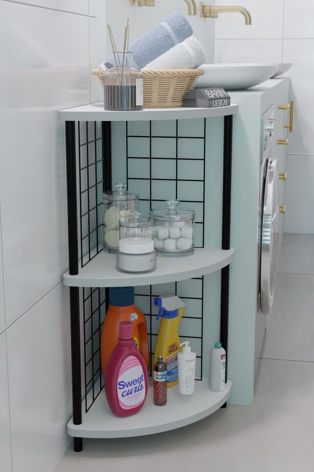 3 Raflı Köşe Raf Banyo ve Çamaşır Odası Çok Amaçlı Düzenleyici Metal Gövde Çevir Kur Kolay Kurulum Beyaz